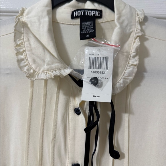 Hot Topic Antique White Ruffle Bow Woven Button-Up ✨NWT - Picture 5 of 6